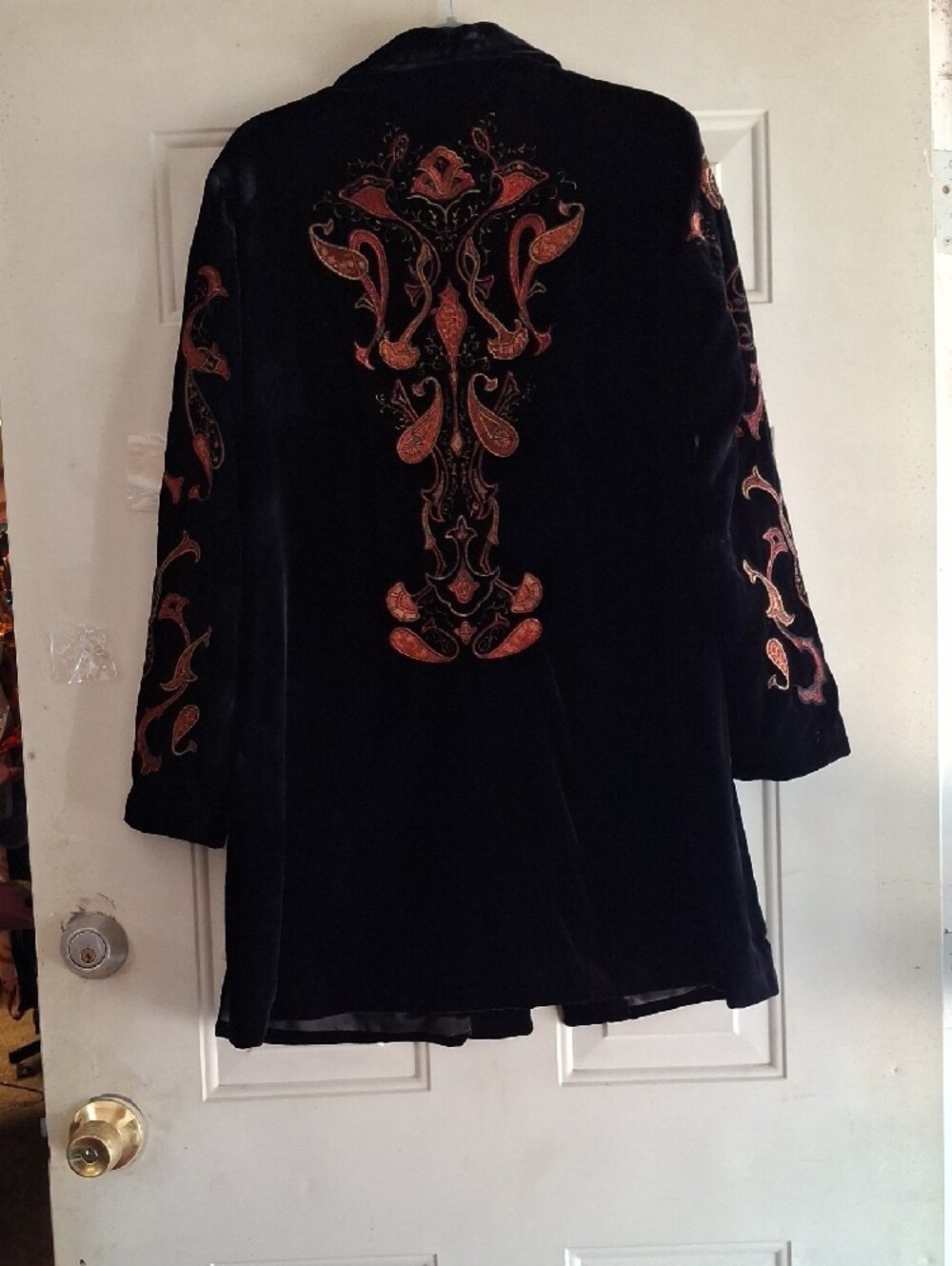 Coldwater Creek Black Velvet Coat with Red Embroidered Scrollwork - Picture 6 of 8